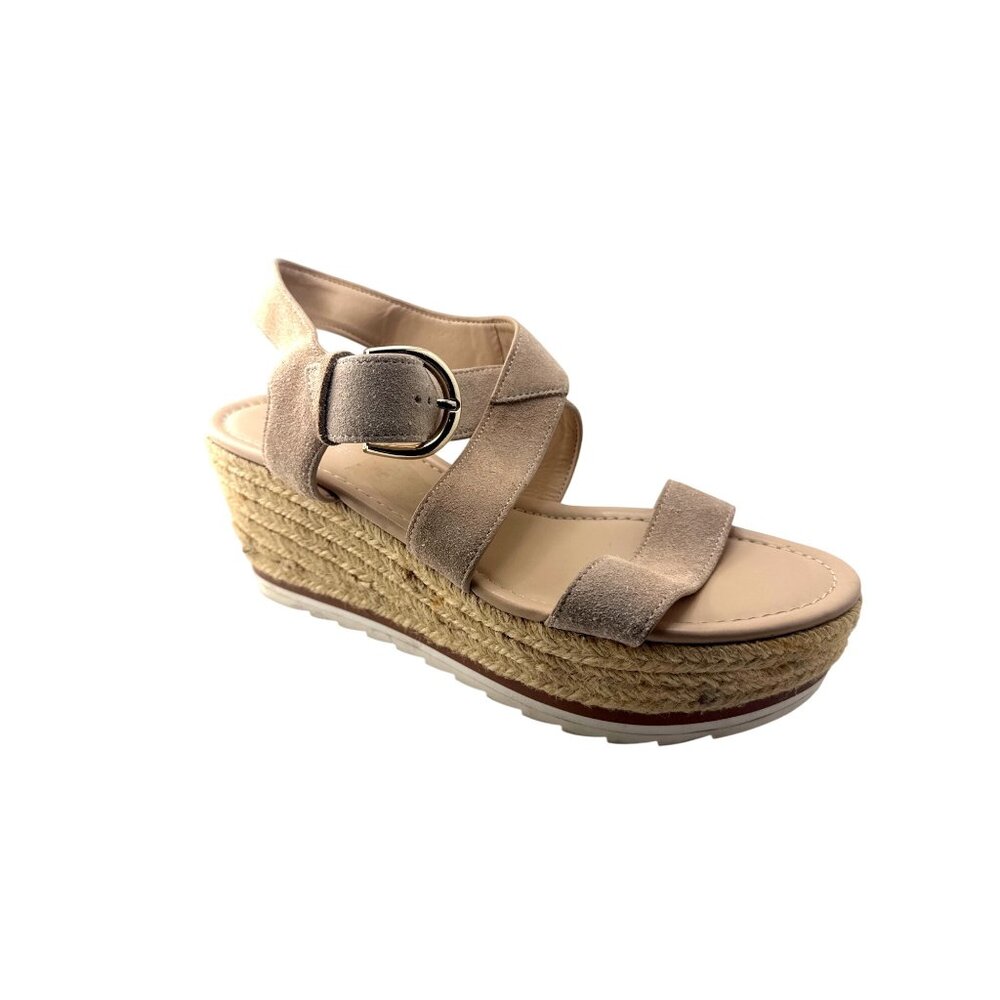 Marc Fisher Beige Suede Espadrille Wedge Sandals Ankle Strap Size 9.5 M Vacation